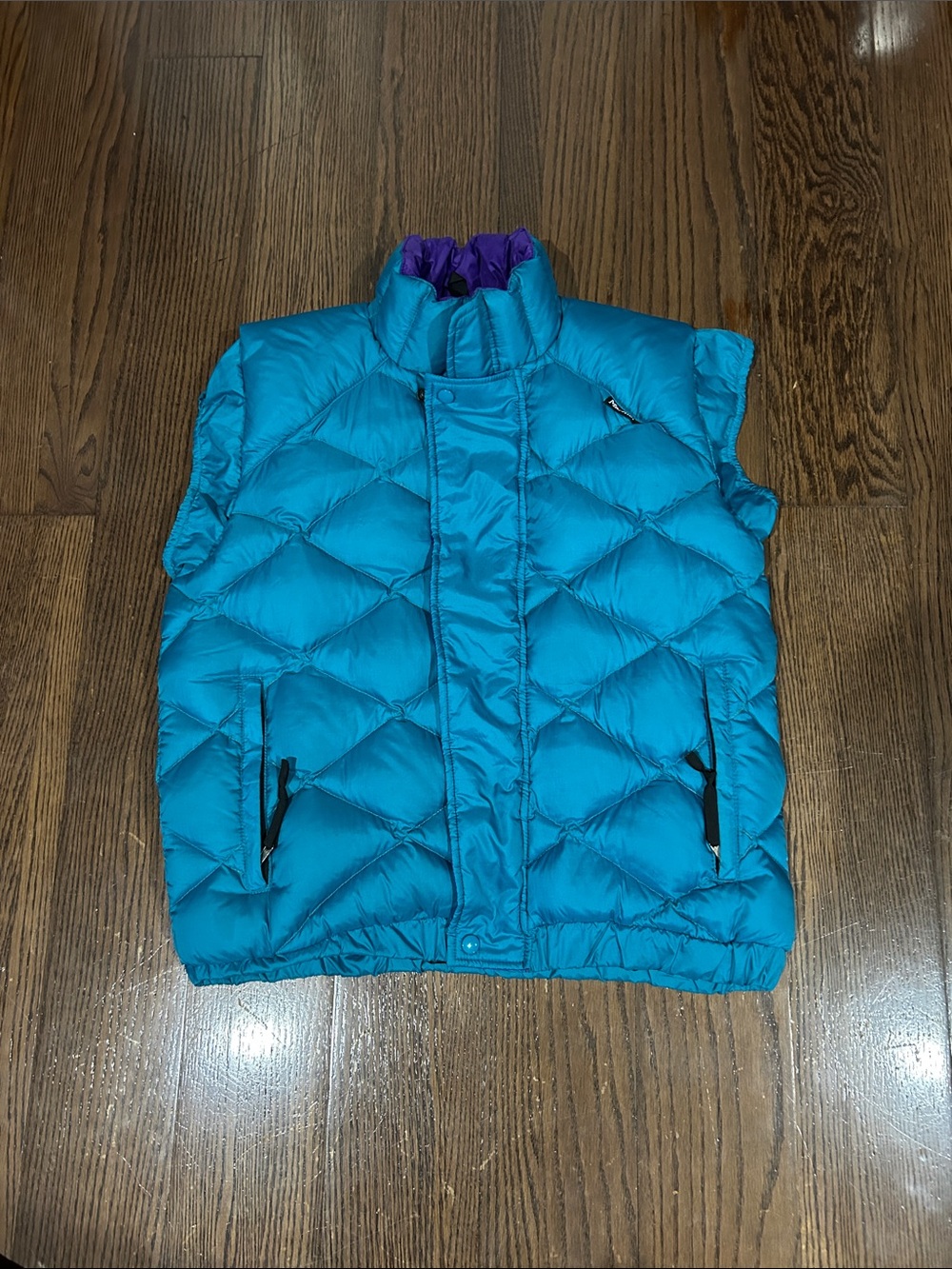 Vtg Marmot Teal Quilted down Puffer Vest with Purple Collar M